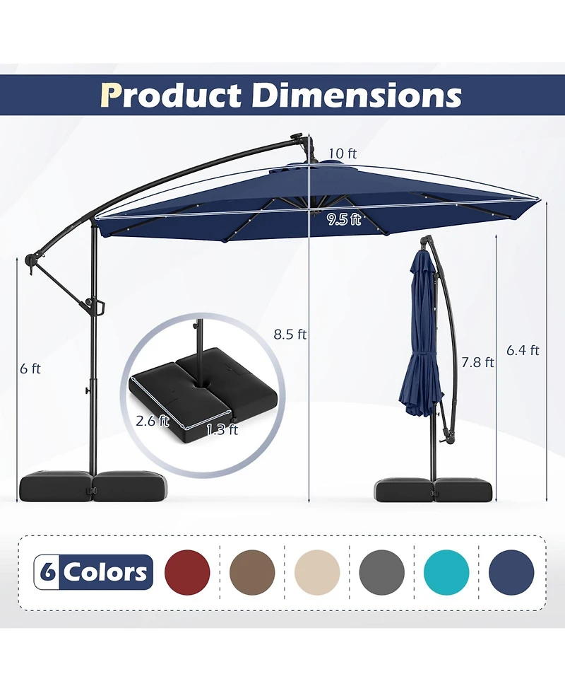 Gymax 10 Ft Solar Offset Hanging Umbrella Patio Cantilever Umbrella w/ 32 Led Lights Outdoor
