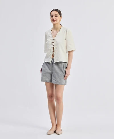 Reistor Women's Relaxed Fit Top With Ruffles and Front-Ties Cream