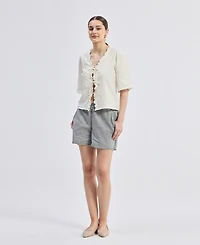 Reistor Women's Relaxed Fit Top With Ruffles and Front-Ties Cream