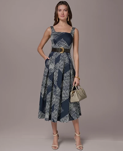 Donna Karan New York Women's Square Neck Fit & Flare Belted Maxi Dress