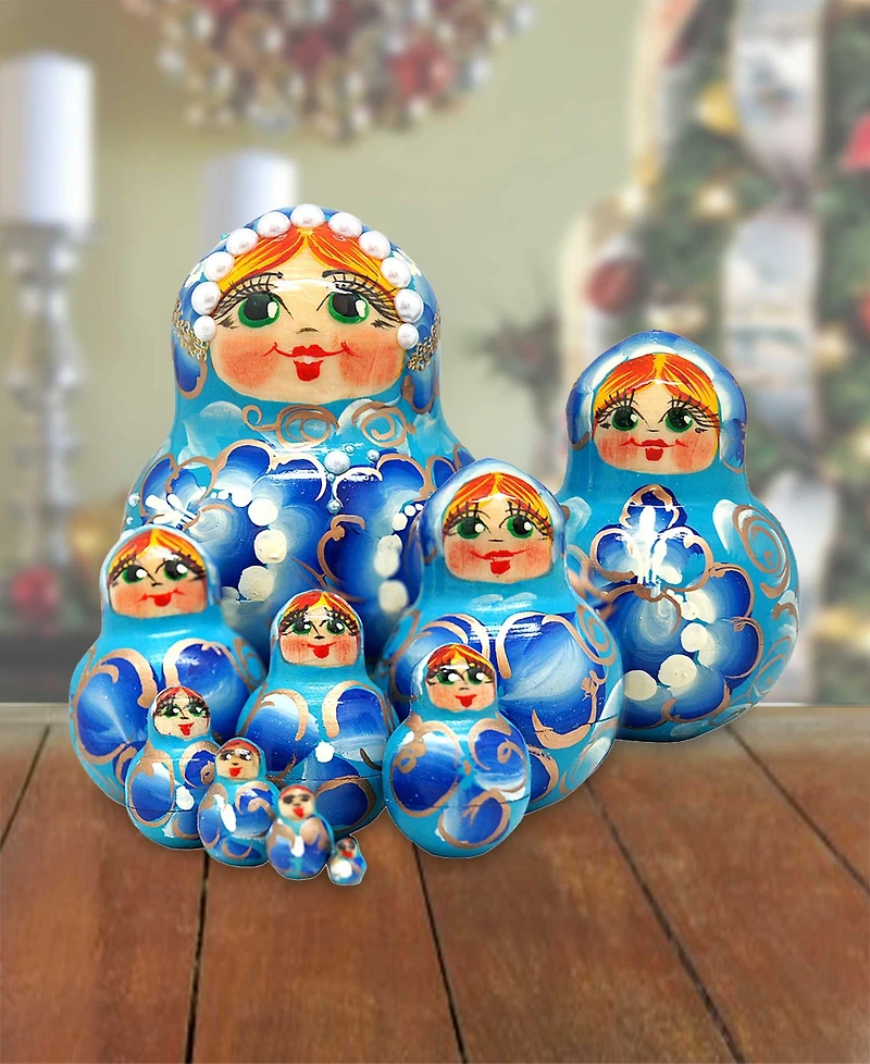 G.DeBrekht Flower In Blue 10 Piece Russian Matryoshka Nested Doll Set