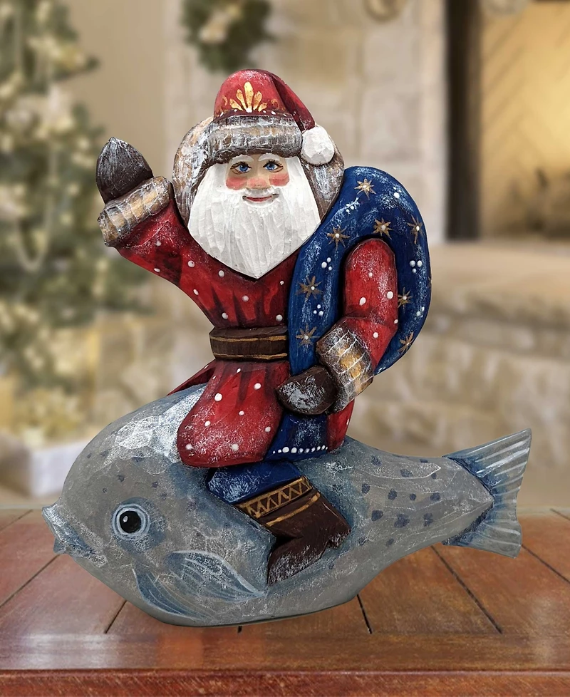 G.DeBrekht Woodcarved Hand Painted Silver Treasure Fish Santa Figurine