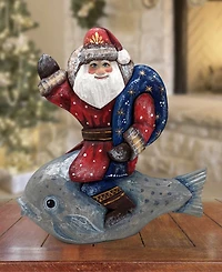 G.DeBrekht Woodcarved Hand Painted Silver Treasure Fish Santa Figurine