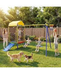 Slickblue 5 in 1 Kids Swing Set with Metal Stand Backyard Playset