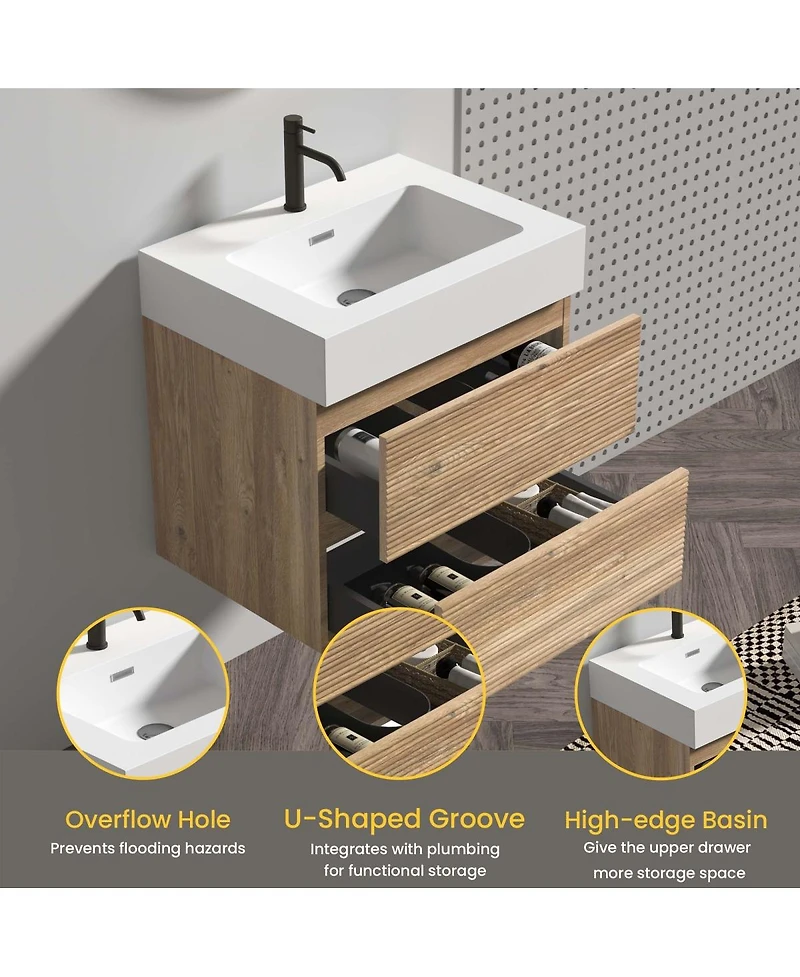 Sillysis Mid-Century Modern Bathroom Vanity with Oak Grille Double Drawers