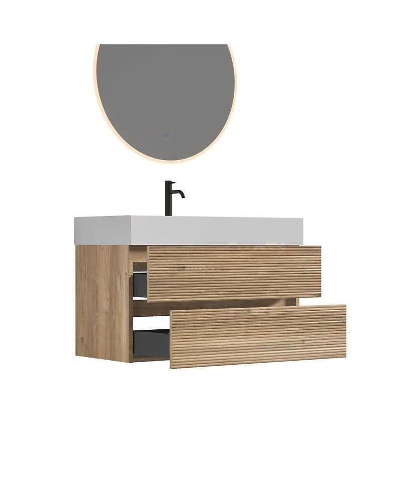 Sillysis Mid-Century Modern Bathroom Vanity with Oak Grille Double Drawers