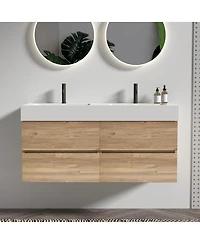 Sillysis Mid-Century Modern Bathroom Vanity with Oak Grille Double Drawers