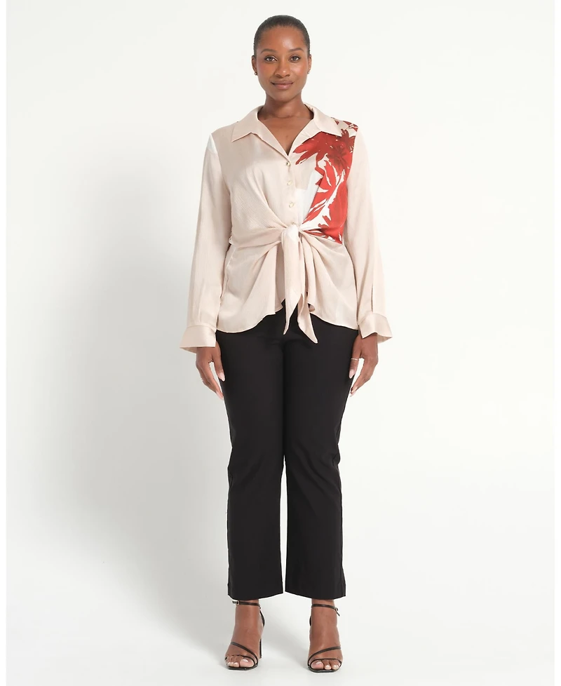 Estelle Plus Maisie Floral V-Neck Button Tie-Front Shirt