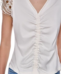Dkny Women's V-Neck Lace Trim Gathered Top