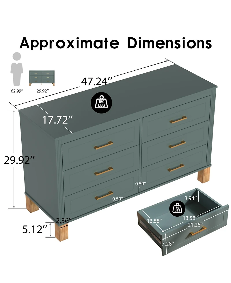 Rainsken 6-Drawer Dresser for Bedroom, 47.24'' Modern Chest of Drawers with Metal Handles and Solid Wood Legs, Storage Organizer for Living Room