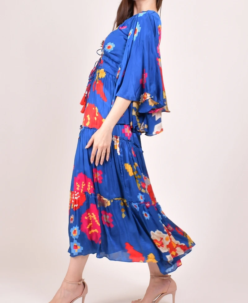 Raas Women's Blue Angel Sleeves Ruffle Maxi Sundress