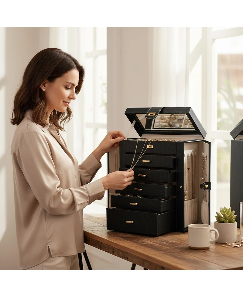 Yigii Extra Large 6-Tier Jewelry Organizer with Mirror 5 Drawers Leather Storage Case for Women