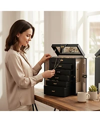 Yigii Extra Large 6-Tier Jewelry Organizer with Mirror 5 Drawers Leather Storage Case for Women