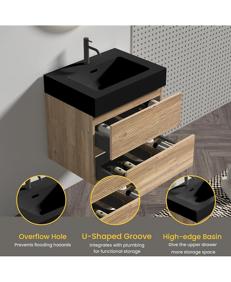 Sillysis Mid-Century Modern Bathroom Vanity with Double Drawers, Quartz Basin