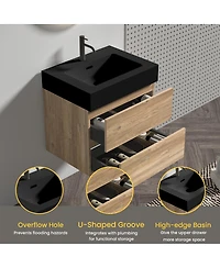 Sillysis Mid-Century Modern Bathroom Vanity with Double Drawers, Quartz Basin