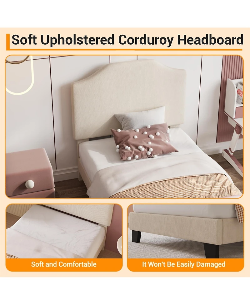 Homfan Modern Corduroy Headboard Bed Frame for Kids - Sturdy, Noise-Free Platform, No Box Spring Needed Easy Assembly Ideal Boys and Girls