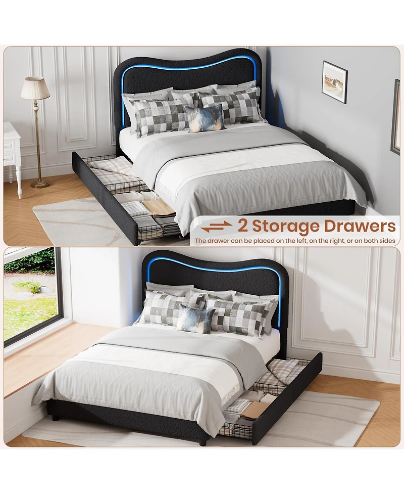 Homfan Boucle Upholstered Bed Frame with 2 Storage Drawers, Led Headboard and Wood Slats