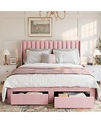 homfan Bed Frame with 2 Storage Drawers, Velvet Upholstered Platform Bed, No Box Spring Needed, Noise Free