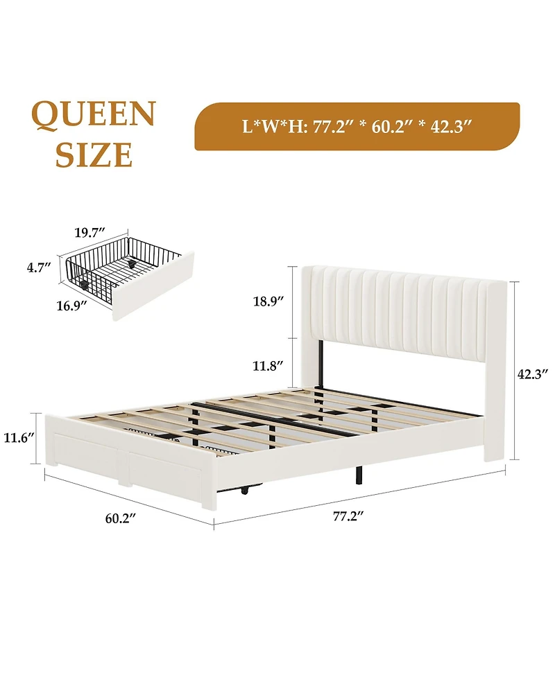 Homfan Bed Frame with 2 Storage Drawers, Velvet Upholstered Platform Bed, No Box Spring Needed, Noise Free