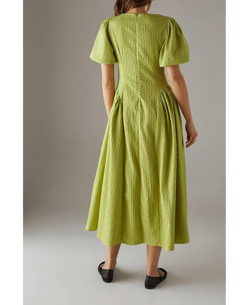 Warehouse Women's Seersucker Puff Sleeve Midi Dress