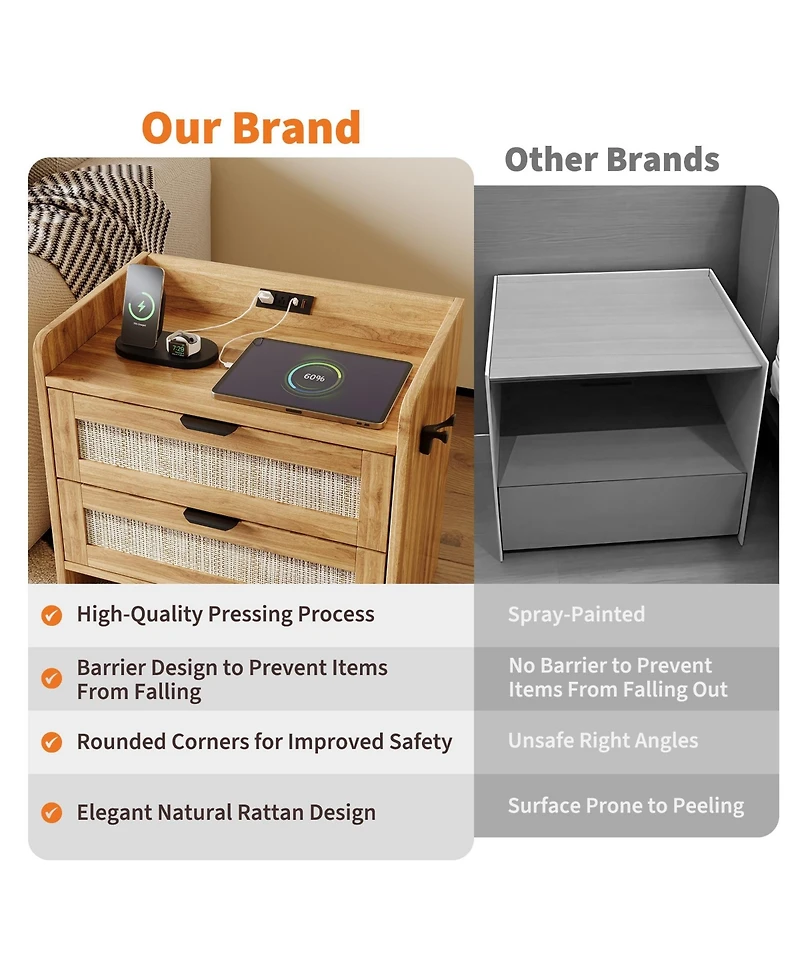 gaomon Home Set of 2 Boho Nightstands, Engineered Wood Bedside Tables with Rattan Drawers Storage