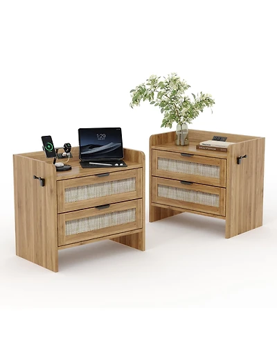 gaomon Home Set of 2 Boho Nightstands, Engineered Wood Bedside Tables with Rattan Drawers Storage