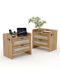 gaomon Home Set of 2 Boho Nightstands, Engineered Wood Bedside Tables with Rattan Drawers Storage