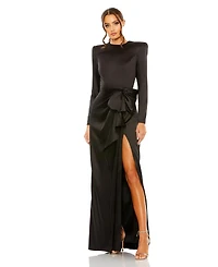 Mac Duggal Petite Long Sleeve Satin Structured Bow Draped Column Gown