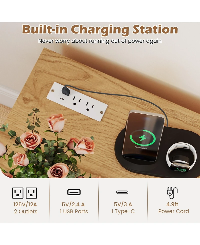 Gymax End Table w/Built-in Charging Station Usb Ports and Outlets 2 Drawers 3 Shelves Natural