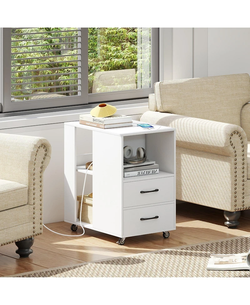 Gymax End Table w/Built-in Charging Station Usb Ports and Outlets 2 Drawers 3 Shelves Natural