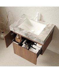 Sillysis 30" Italian Style Bathroom Vanity with Sintered Stone Top, Wall Mounted Floating Cabinet, Soft Close Drawer and Doors