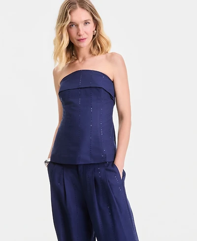 I.n.c. International Concepts Women's Sequin Pinstripe Linen-Blend Strapless Top, Macy's Exclusive