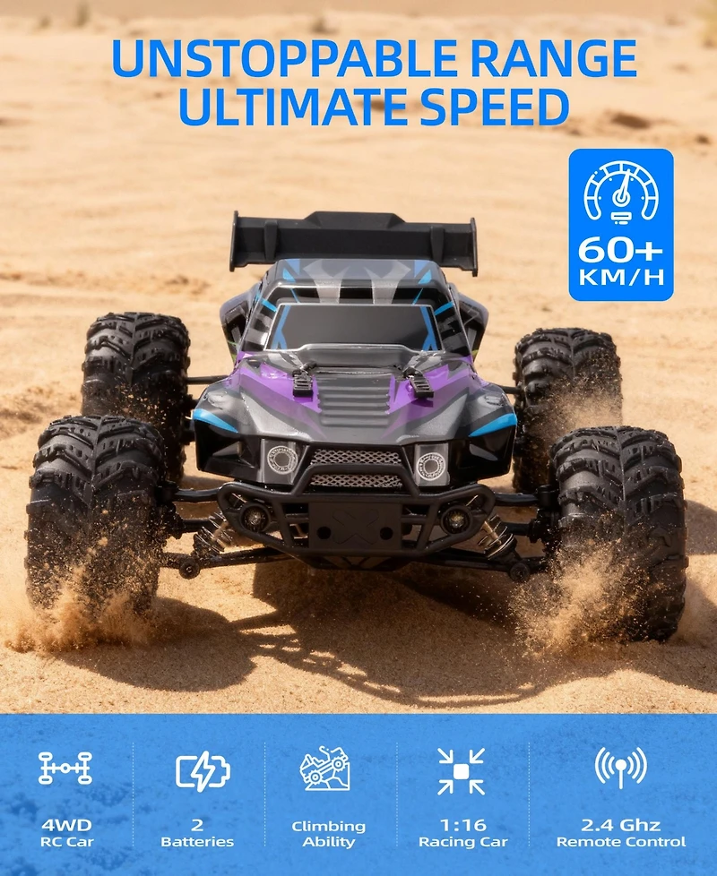Sugift High-Speed 1:16 4WD Remote Control Car Toy with Led Lights and Dual Batteries, Great Gift for Kids