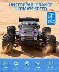 Sugift High-Speed 1:16 4WD Remote Control Car Toy with Led Lights and Dual Batteries, Great Gift for Kids