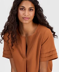 Anne Klein Essentials Petite Pleated-Sleeve Split-Neck Top