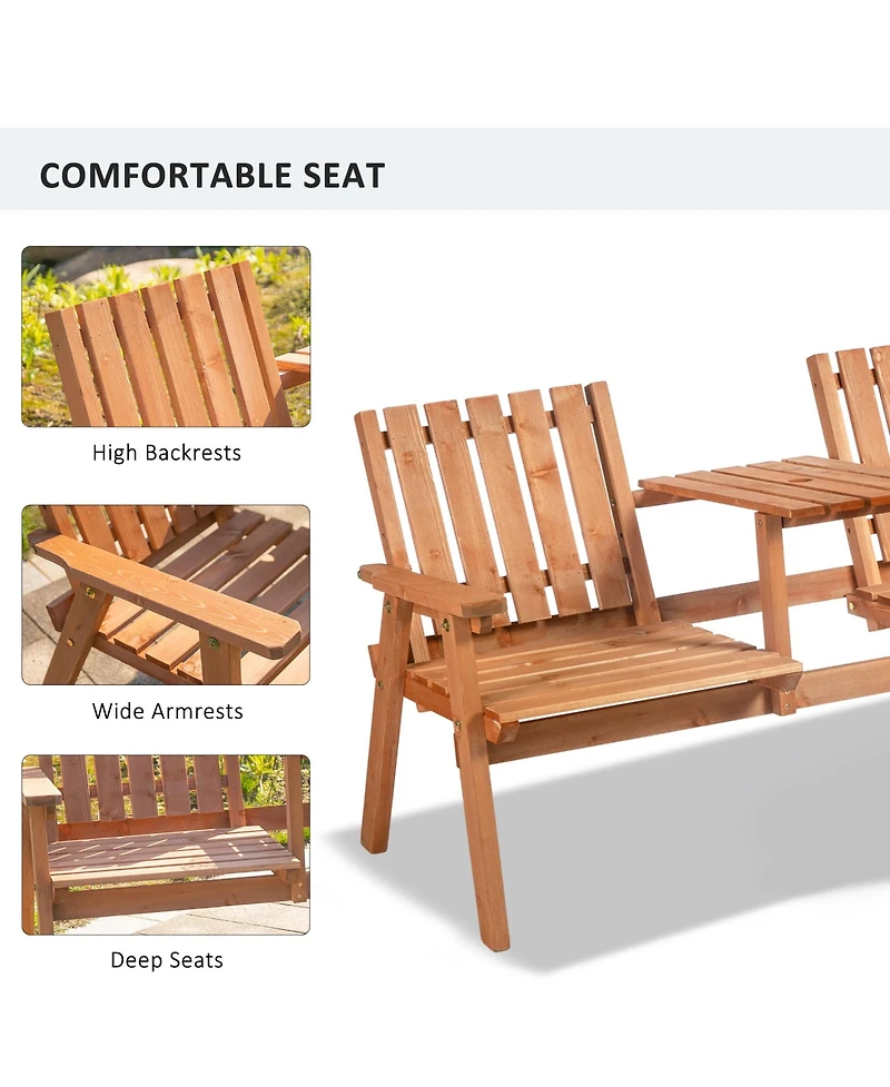 Outsunny Wooden Garden Bench with Umbrella Hole & Middle Table, Outdoor Loveseat with Weather-Fighting Material 2 Person Chair for Garden, Patio, Balc