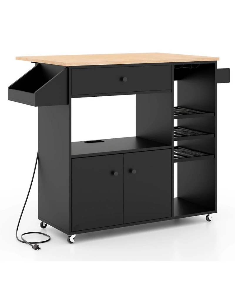 Gouun Drop-Leaf Mobile Kitchen Island Cart with Power Strip and Adjustable Shelf