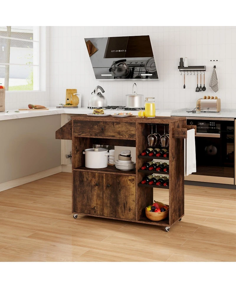 Gouun Drop-Leaf Mobile Kitchen Island Cart with Power Strip and Adjustable Shelf