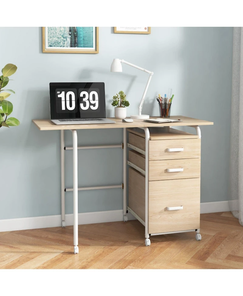 Gouun Folding Wood Modern Writing Desk with Cpu Stand and Open Shelves