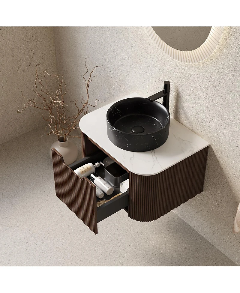 Sillysis Wall Mounted Bathroom Vanity, Ceramic Vessel Sink, Carrara Sintered Stone Top, Soft Close Drawer