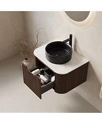 Sillysis Wall Mounted Bathroom Vanity, Ceramic Vessel Sink, Carrara Sintered Stone Top, Soft Close Drawer