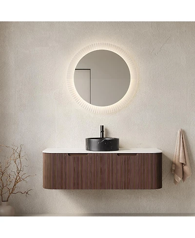 Sillysis Wall Mounted Bathroom Vanity, Ceramic Vessel Sink, Carrara Sintered Stone Top, Soft Close Drawer, Pre-assembled