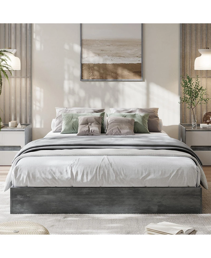 Homfan Wood Platform Bed Frame in Washed, Floor Style, No Headboard, No Box Spring Needed