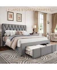 Homfan Upholstered Bed Frame with 2 Storage Drawers and Wood Slats