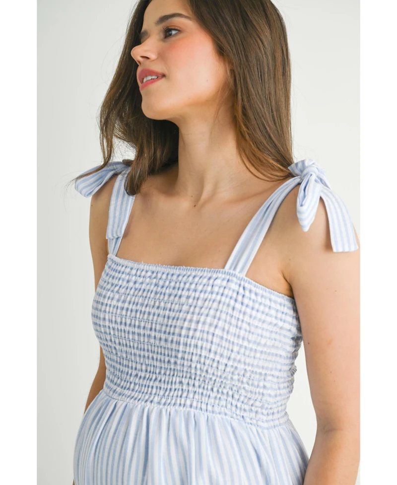 Hello Miz Maternity Striped Smocked Empire Waist Sundress with Tie Straps