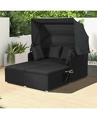 Gouun Outdoor Pe Wicker Patio Daybed with Retractable Canopy, Cushions and 2 Fold-Out Side Tables