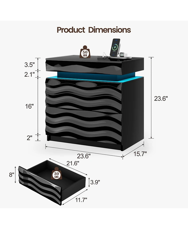 Vlrska Wide 2-Drawer Nightstand with Hidden Storage and Human Sensor Light