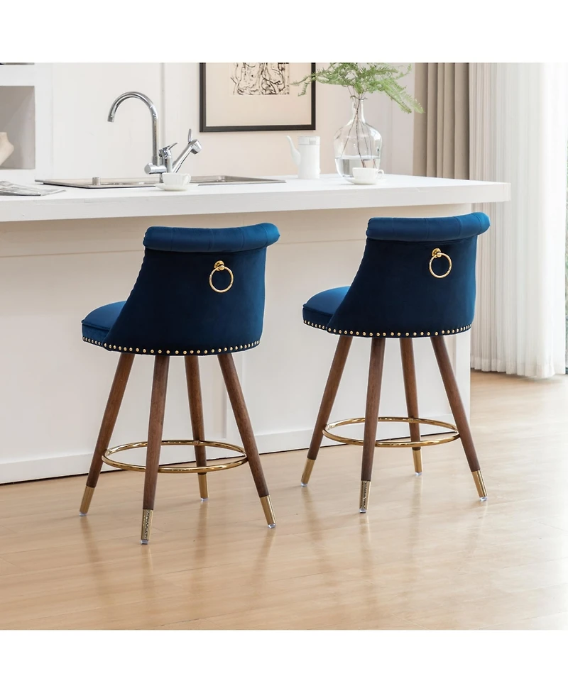 Rainsken Bar Stools Set of 2, Counter Height Chairs with Nailhead Trim, Button-Tufted, Bentwood Legs and Pull Ring for Kitchen Island, Home Pub