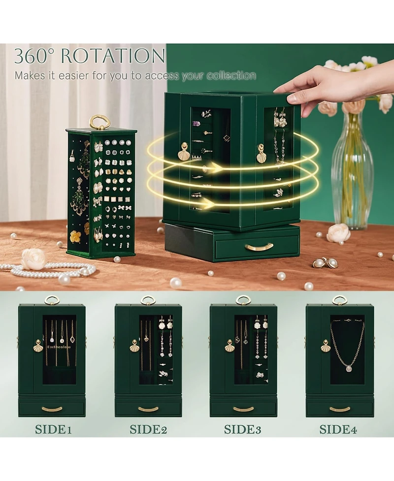 Yigii Large Jewelry Organizer Box with Drawer Compartments Hooks Slots 360 Rotating Pu Leather Lining Transparent Window