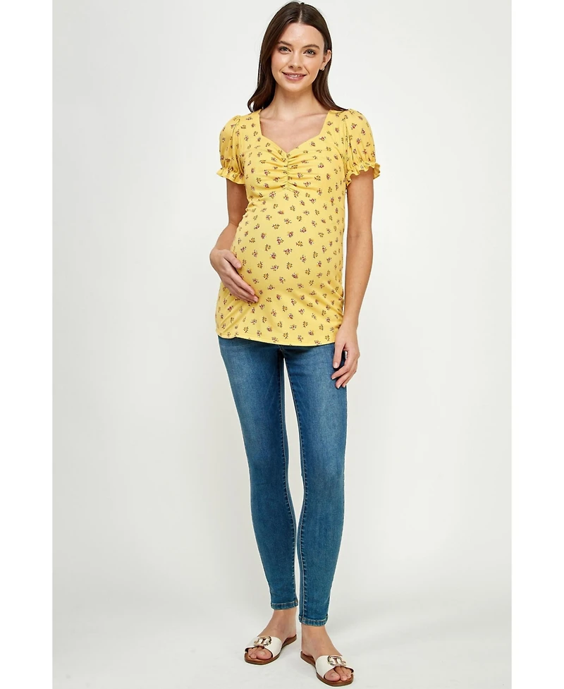 Hello Miz Maternity Ribbed Floral Ruched Front Puff Sleeve Top